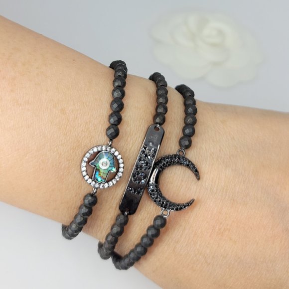 NEW 3 PCS Set Hamsa Love Moon Hematite Bracelets - Picture 6 of 7